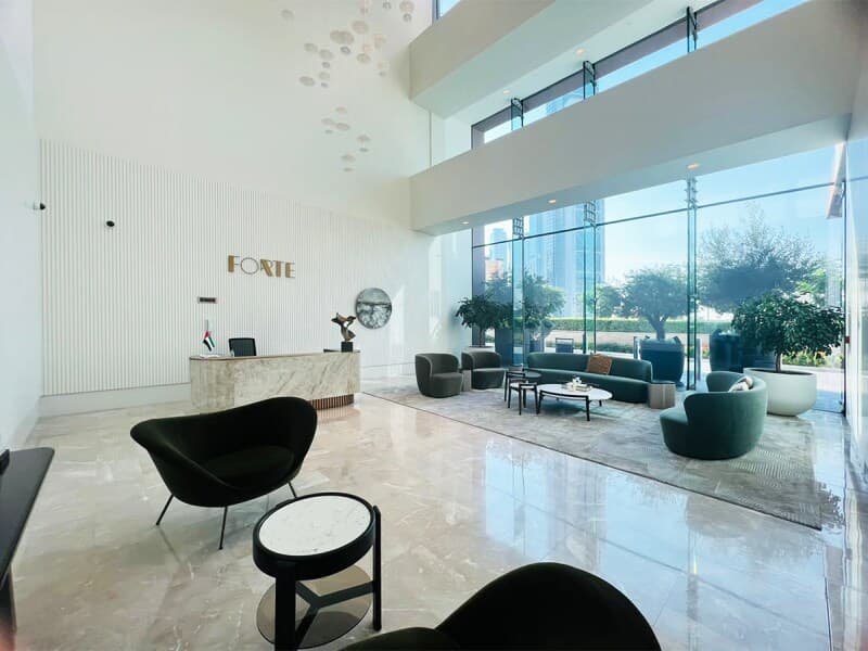 Forte lobby with the FORTE sign above the reception desk