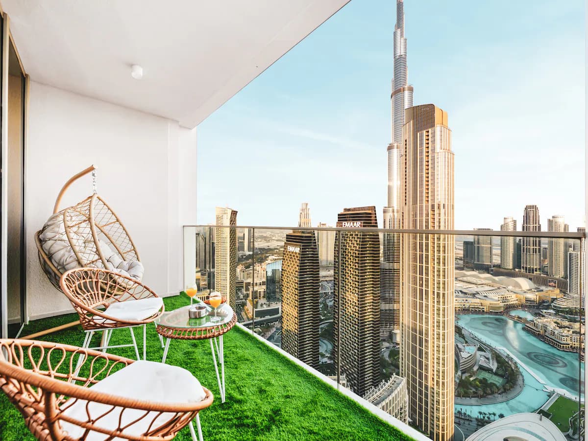 Balcony of our 4-bedroom apartment at Forte looking at the Burj Khalifa and the Dubai Fountain